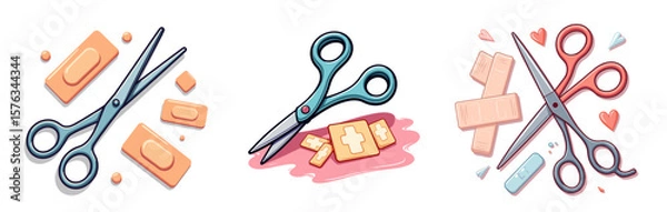 Fototapeta Set of Medical scissors and bandages on table in bright clean pastel colors  