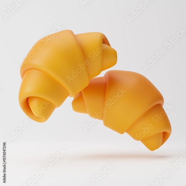 Fototapeta Falling plain croissants isolated over white background. 3D rendering.