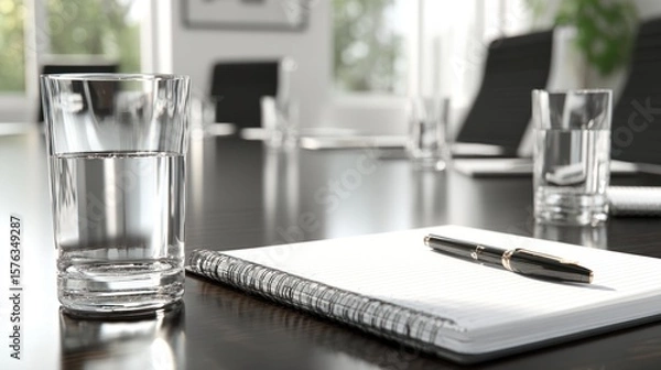 Fototapeta Meeting room table with water glass, notepad, and pen