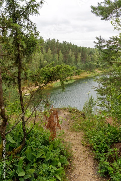 Fototapeta Forest Lake View with Wooden Structures on Sandy Bank