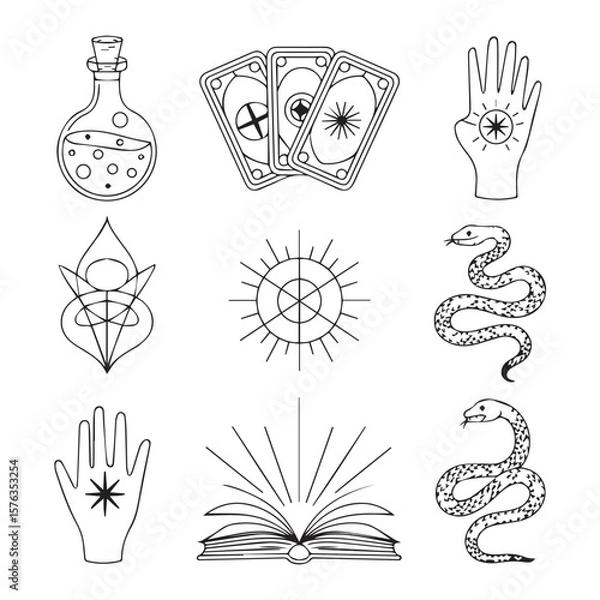 Fototapeta A collection of mystical symbols including tarot cards, snakes, potions, and hands, representing esoteric practices
