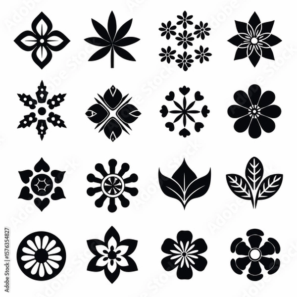 Fototapeta Collection of black floral and leaf icons in a grid pattern