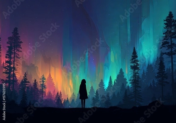 Obraz Silhouette of a girl standing in a colorful northern lights forest scene at night