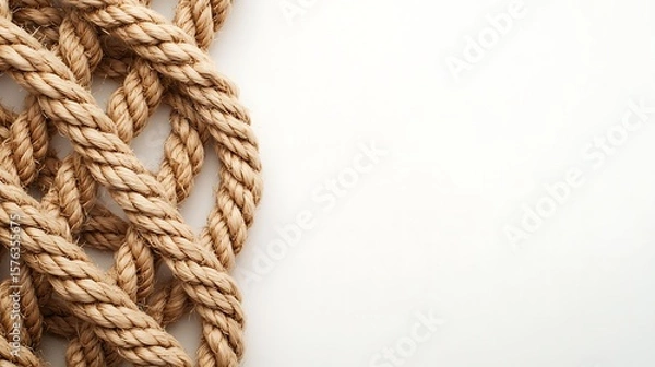 Fototapeta A close-up of a thick, tan rope intricately knotted on a plain white background.