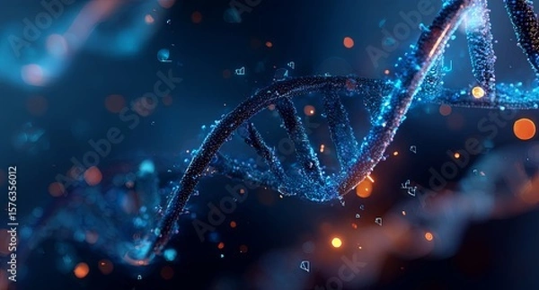 Obraz Abstract Blue Digital DNA Strand with Glowing Particles in Futuristic Style
