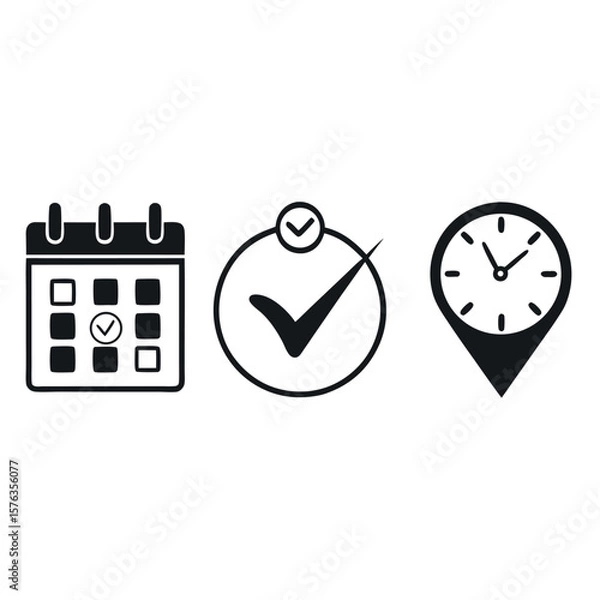 Fototapeta Calendar with checked day checkmark in circle and location pin clock icons