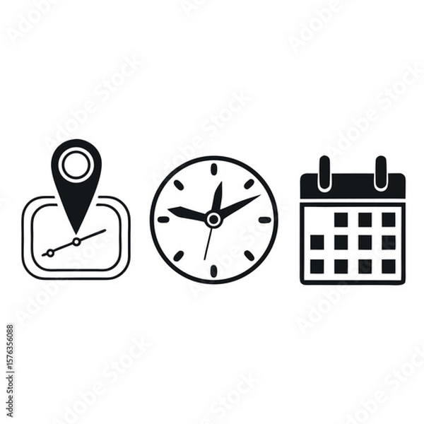 Fototapeta Set of three icons representing location time and calendar for planning and scheduling