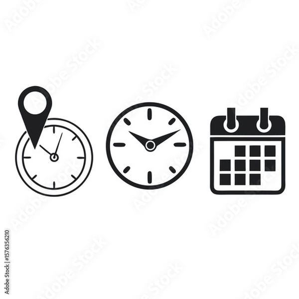 Fototapeta Timeline icons representing time location and calendar events on a white background