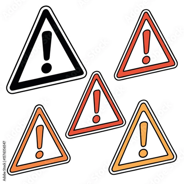 Fototapeta Collection of exclamation mark warning signs in different colors and styles
