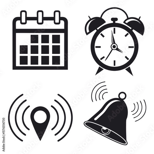 Fototapeta Collection of four black and white icons representing time location and notifications