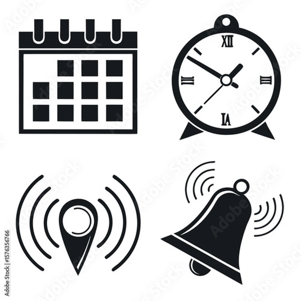 Fototapeta Calendar alarm clock location pin and bell icons representing time schedule and alerts