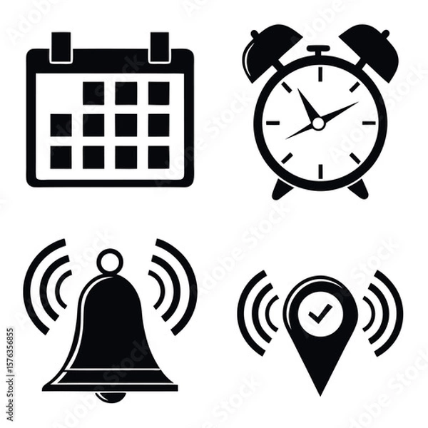 Fototapeta Collection of four black icons representing calendar alarm bell and location marker with checkmark