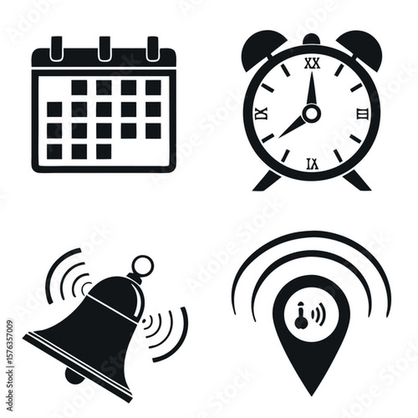 Fototapeta Collection of four black icons representing calendar alarm bell and location with signal