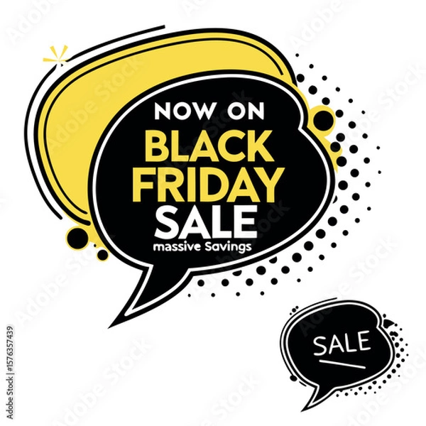Fototapeta Black friday sale massive savings announcement with speech bubbles and polka dots