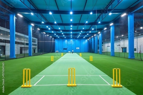 Obraz Indoor cricket training facility with green pitch yellow wickets and a person practicing batting
