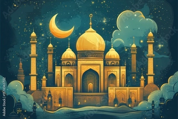 Obraz Golden mosque under a crescent moon at night