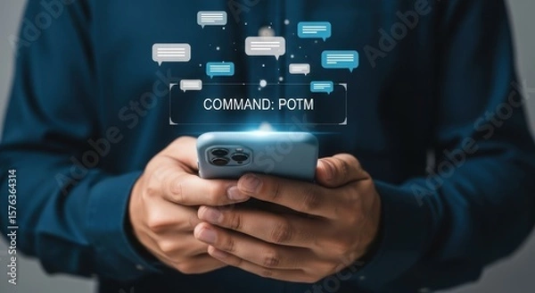 Fototapeta A person is holding a smartphone with digital message bubbles floating above, representing modern communication and technology