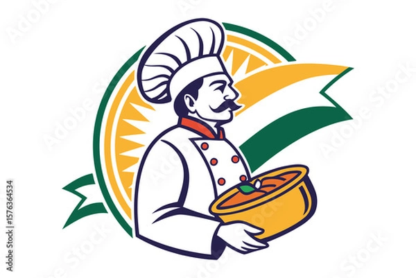 Fototapeta Chef's Culinary Masterpiece: A skilled chef, exuding culinary expertise, proudly presents a delectable dish. The emblem signifies a commitment to gastronomic excellence and innovation.