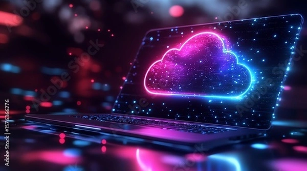 Fototapeta A laptop displays a vibrant cloud computing graphic, symbolizing the modern digital cloud technology services it accesses