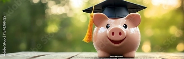 Fototapeta A piggy bank donning a graduation cap illustrates the concept of investing in education and the importance of saving for academic goals