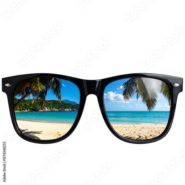Fototapeta Stylish Sunglasses Reflecting Tropical Beach with Palm Trees, Transparent Background