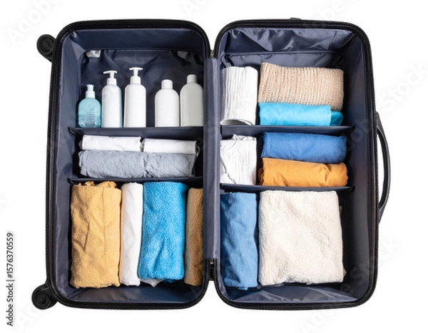 Fototapeta  Opened Suitcase with Organized Clothes and Accessories, Top-Down View, Transparent PNG