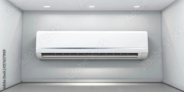 Obraz White air conditioning split system unit mounted on a gray wall in a minimalist room with lights
