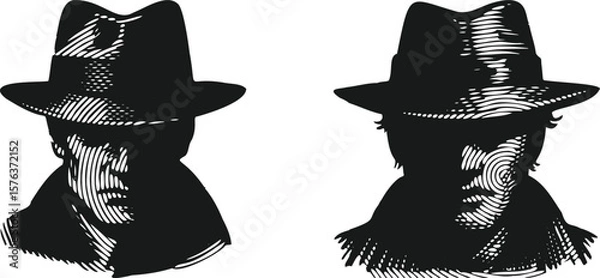 Fototapeta  Monochrome engraving style half-hidden face with glasses in shadow vector bundle, detailed line art mysterious portrait design for vintage illustration, abstract sketch, or poster use