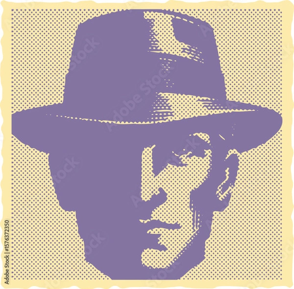 Fototapeta  Engraving postal stamp halftone frame vector in purple color showing a half-hidden mysterious face with glasses in shadow, detailed retro etching style, isolated background