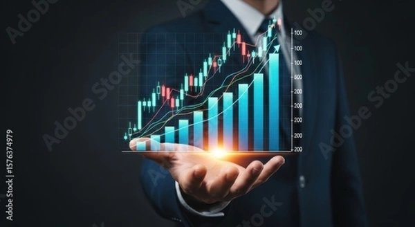 Fototapeta A hand presents a rising stock market chart, symbolizing business growth and financial investment success