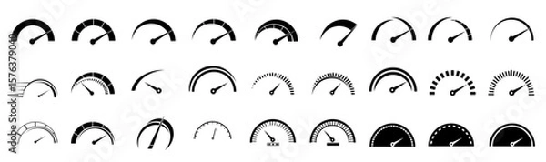 Fototapeta Speedometer and dashboard gauge vector icon set with RPM, fuel, and tachometer dials for car speed measurement visuals