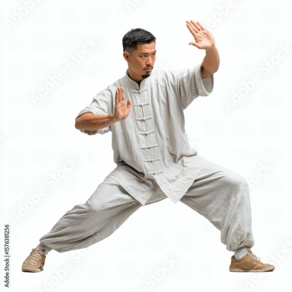 Fototapeta A man practicing Tai Chi with controlled movement on white background