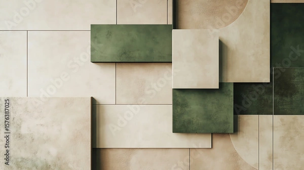 Fototapeta Modern beige and olive green blocks, geometric minimal layout