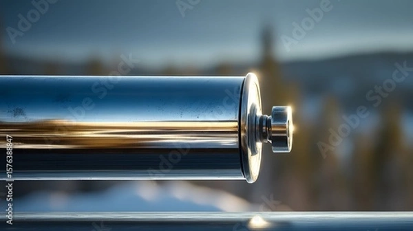 Fototapeta Macro Lens Photograph of a Polished Metallic Roller with Reflective Details in a Tranquil Winter Forest Setting