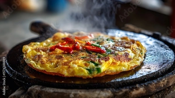 Fototapeta Exquisite Thai Omelette: A Steaming Hot Culinary Spectacle Blending Rustic Tradition and Modern Flair