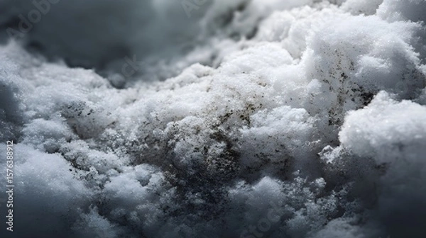 Fototapeta Intensely Detailed Macro Study of Murky, Grimy Accumulated Snow Highlighting Weathered Textural History and Time's Impact