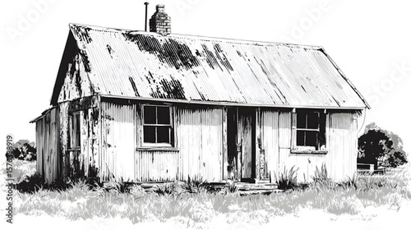 Fototapeta Sleek Vector Artwork Showcasing a Weathered Iron Cottage with Poetic Deterioration and Solitary Enduring Strength