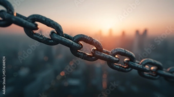 Fototapeta High Contrast Urban Elegance: Suspended Metallic Links Over a Diffused Metropolis at Sunset Exuding Power and Resilience