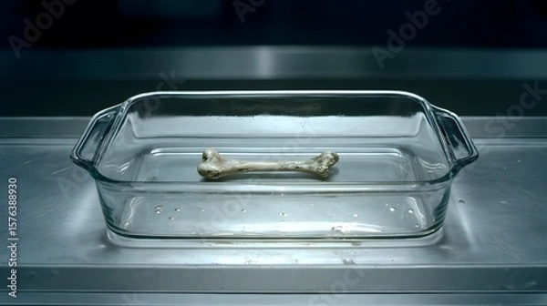Fototapeta Intricate Scientific Observation of a Bone-Shaped Object in a Transparent Glass Dish on a Sleek Metallic Surface
