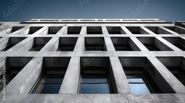 Fototapeta Intricately Detailed Urban Concrete Facade with Expansive Modern Windows Reflecting a Clear Blue Sky