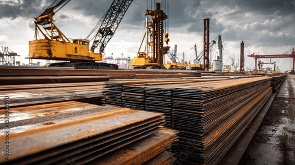 Fototapeta Detailed Panoramic Industrial Construction Site Featuring Stacked Steel Sheet Piles and Dynamic Heavy Machinery in Action