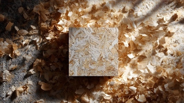 Fototapeta Artistic Display of OSB with Scattered Wood Shavings Showcasing Industrial Charm and Organic Simplicity