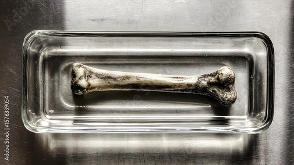 Fototapeta Intricate Scientific Observation of a Bone-Shaped Object in a Transparent Glass Dish on a Sleek Metallic Surface