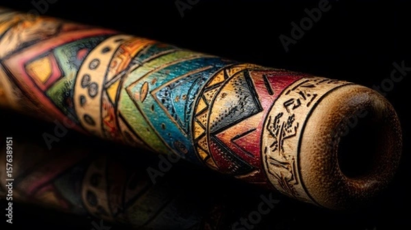 Fototapeta Exquisitely Designed Natural Bamboo Rainstick Adorned with Radiant Pigments and Complex Motifs Symbolizing Cultural Legacy and Rhythmic Musical Artistry