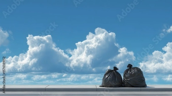 Fototapeta Detailed Photorealistic Image of Urban Waste Management Featuring Black Garbage Bags on a Clean Sidewalk Under a Fluffy Blue Sky Emphasizing Environmental Awareness