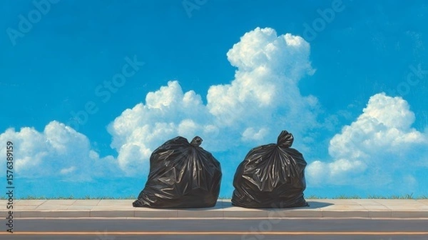 Fototapeta Detailed Photorealistic Image of Urban Waste Management Featuring Black Garbage Bags on a Clean Sidewalk Under a Fluffy Blue Sky Emphasizing Environmental Awareness