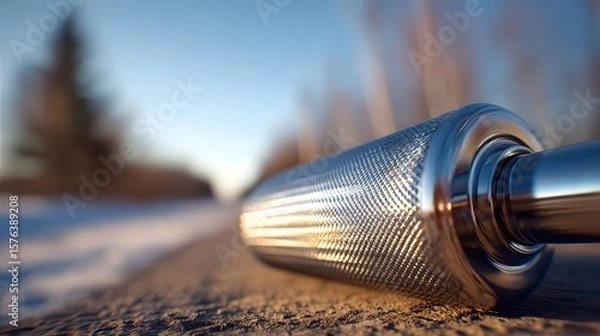Fototapeta Close-Up Examination of a Gleaming Metallic Roller Amid a Serene Winter Landscape Bathed in Soft Sunlight