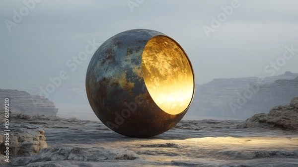 Fototapeta Striking depiction of a weathered futuristic sphere with a rusty exterior emitting a radiant yellow glow over a harsh, rocky plateau and desolate terrain, filled with enigmatic energy