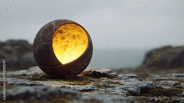 Fototapeta Striking depiction of a weathered futuristic sphere with a rusty exterior emitting a radiant yellow glow over a harsh, rocky plateau and desolate terrain, filled with enigmatic energy