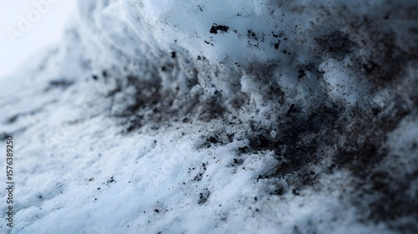 Fototapeta Intensely Detailed Macro Study of Murky, Grimy Accumulated Snow Highlighting Weathered Textural History and Time's Impact